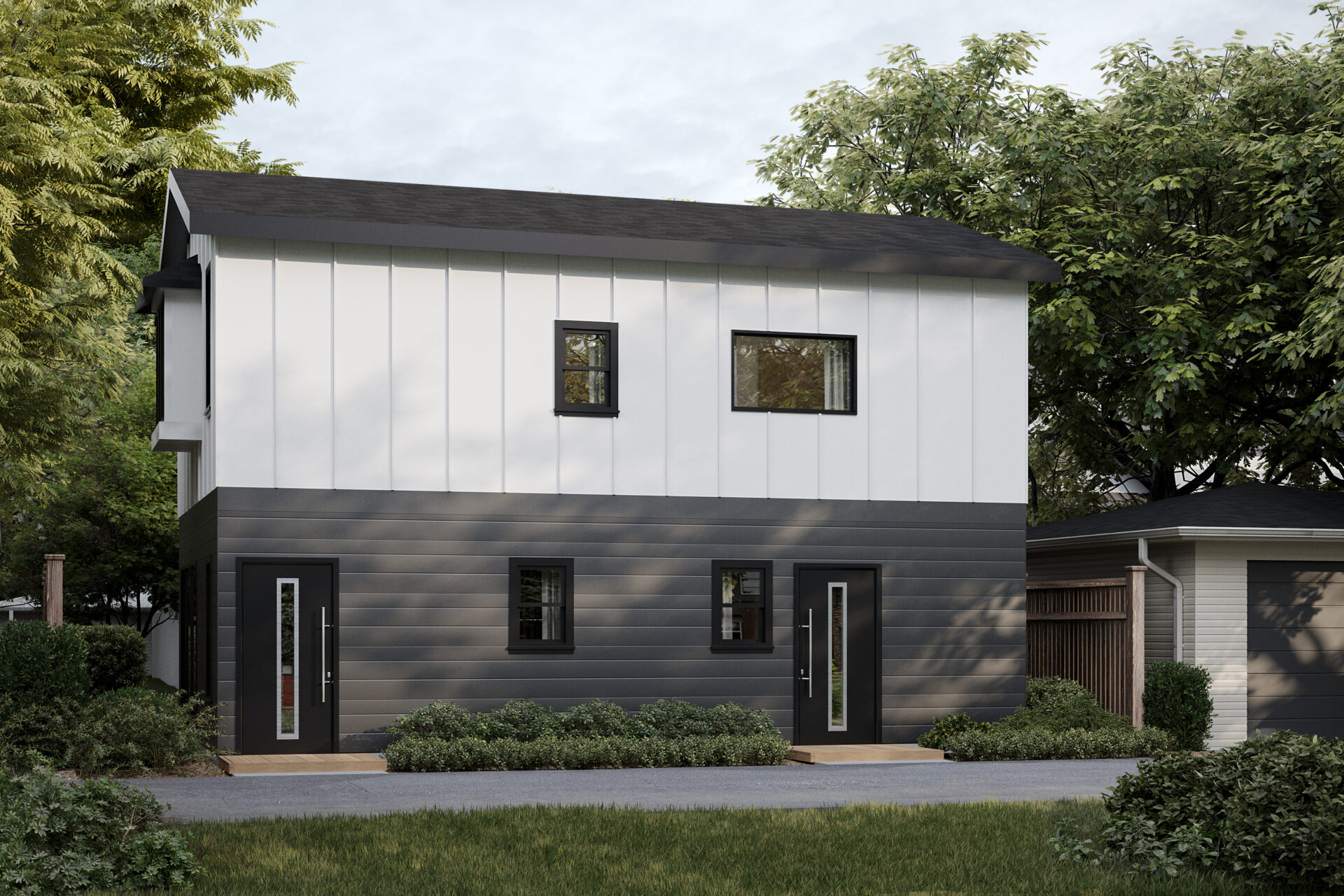 2 story Lotus Model in backyard from street view