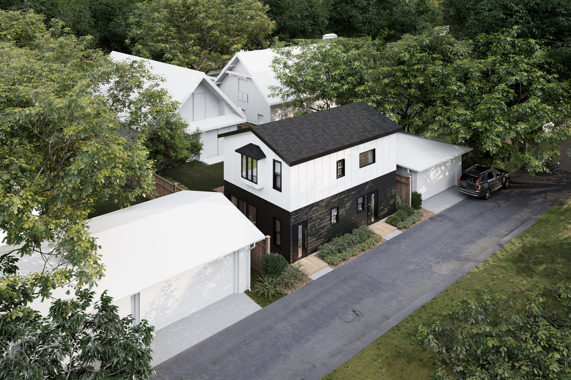 2 story Lotus Model in backyard from high angle