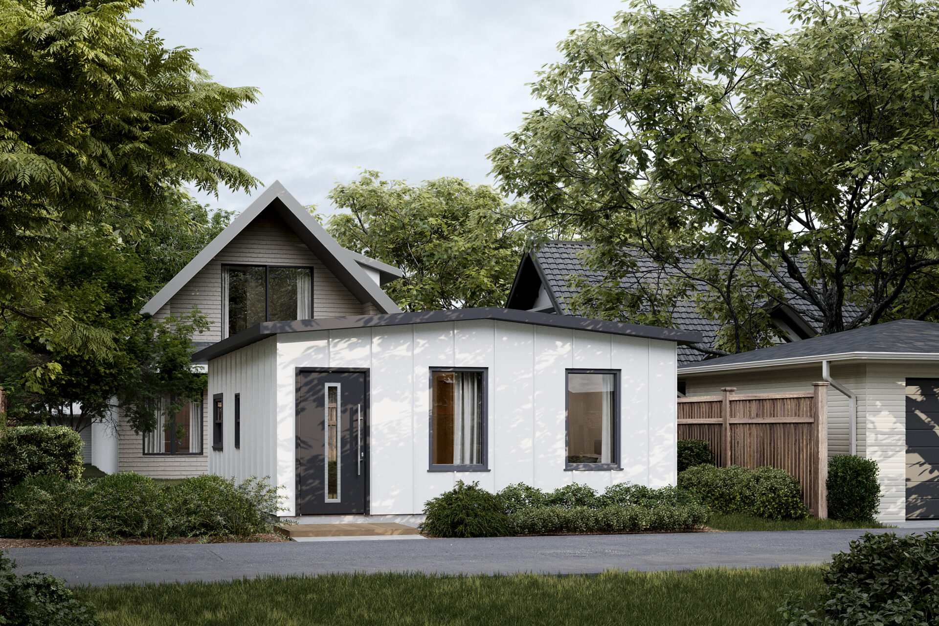 Lotus Model in backyard with solid front door